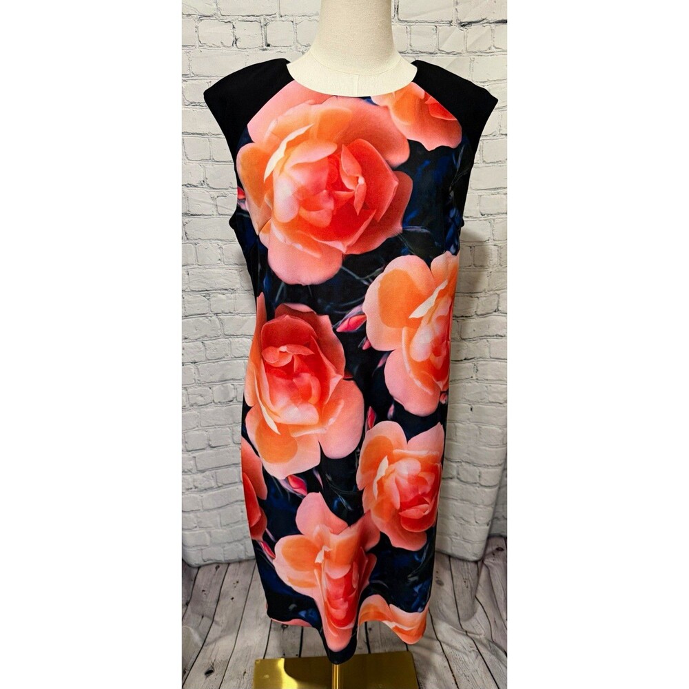 Calvin Klein Women’s Floral Sheath Dress Black Pink Orange 12 Sleeveless